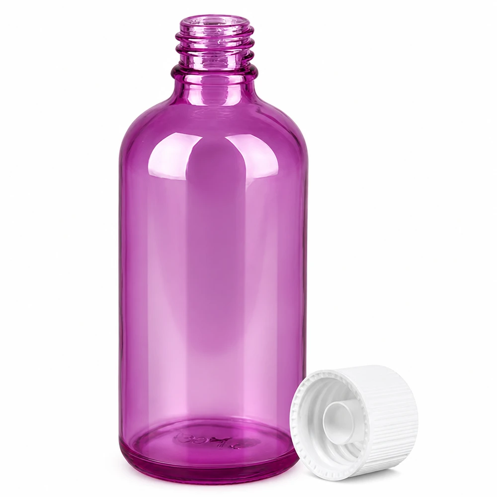 100 ml flaske 11 mm skruelåg hvid standard PurpleLine UT18/100 Lilla 100 ml dråbeflaske med standard skruegevind til æteriske olier og serum