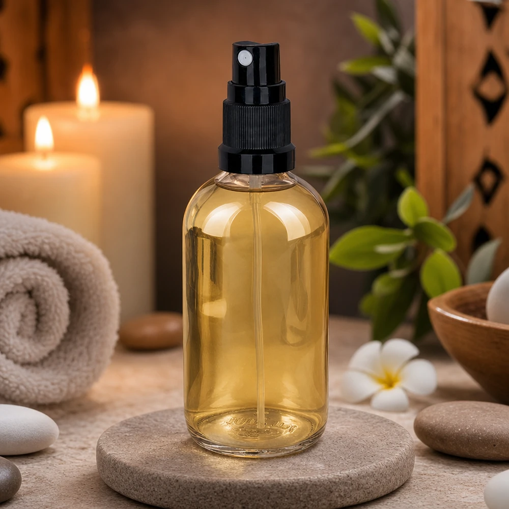 100 ml sprayflaske sort STD ClearLine UT18/100 En ravfarvet 100 ml sprayflaske (UT18/100) på natursten i en afslappet spa-atmosfære