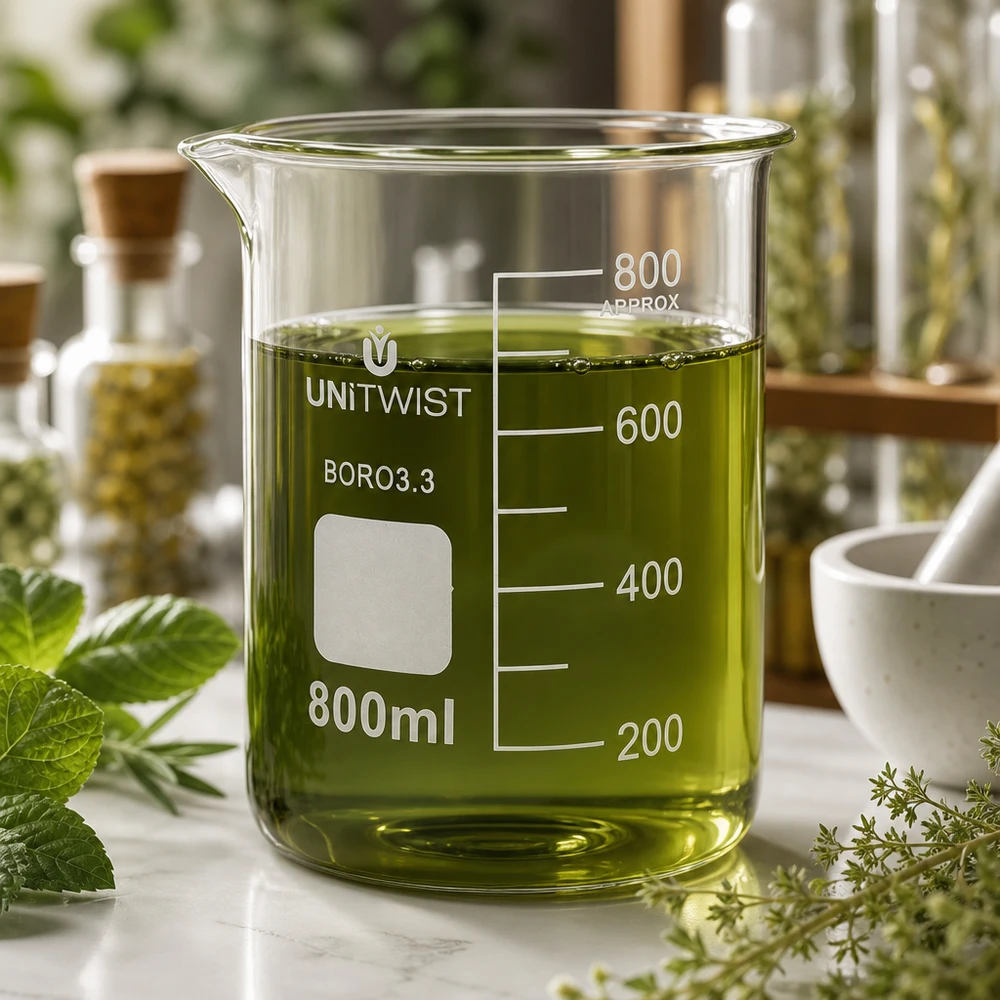 Bægerglas 800 ml borosilikat, lav form UNiTWIST UNiTWIST bægerglas 800 ml, borosilikatglas, lav form med grønt urteekstrakt omgivet af friske urter