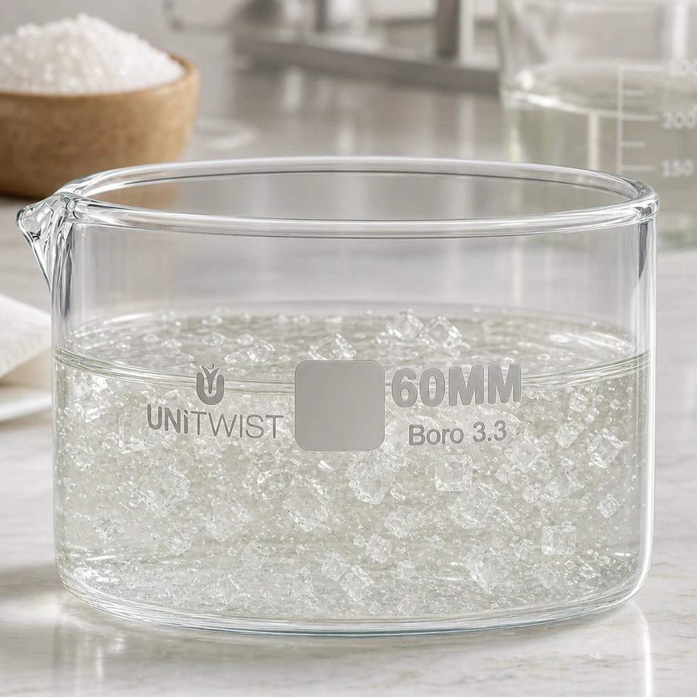 Boro 3.3 UNiTWIST 60 mm krystalliseringsskål med hydrerede silicagelkugler i klart vand