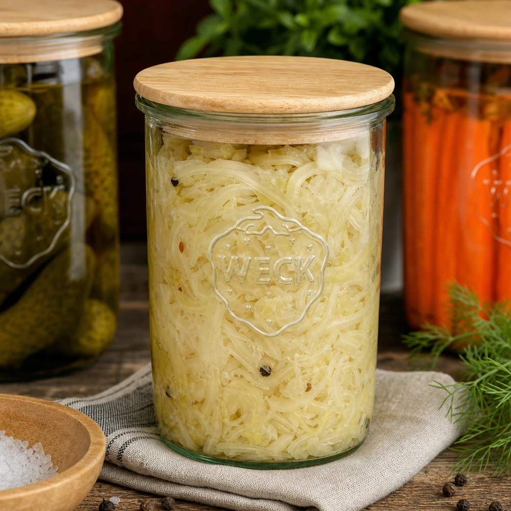 1000 ml Briller WECK RR100 med trælåg WECK syltekrukke 1000 ml fyldt med sauerkraut og trælåg ved siden af syltede agurker og gulerødder Fermentering