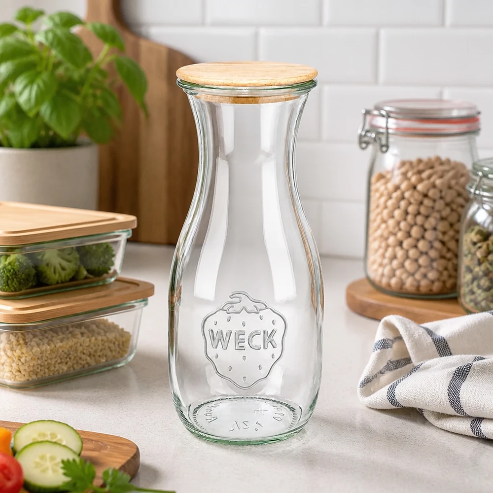 530 ml juiceflaske WECK RR60 med trælåg WECK juiceflaske 530 ml RR60 med trælåg i moderne køkkener ved siden af grøntsager og bælgfrugter som en opbevaringsløsning