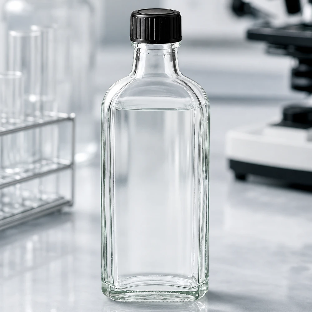 100 ml Meplat klar skruelåg med LKD-forseglingsskive Rektangulær, klar 100 ml glasflaske med LKD-tætningsskive og sort låg i laboratoriet