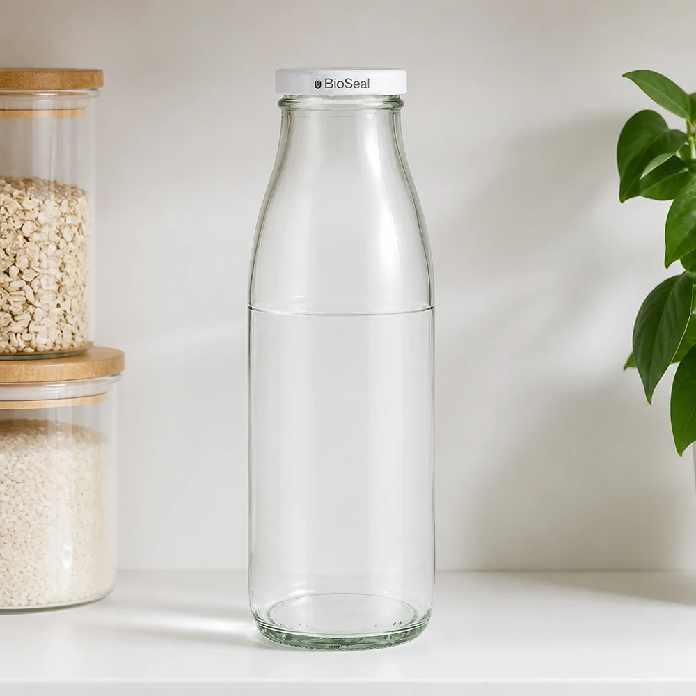 500 ml glasflaske + BioSeal-låg hvid UNiTWIST. Absolut lækagesikker med stort TO48-låg. Til mælk, juice og limonade. 500 ml glasflaske med BioSeal-låg i køkkenmiljø, ved siden af opbevaringsglas med müsli og grønne planter