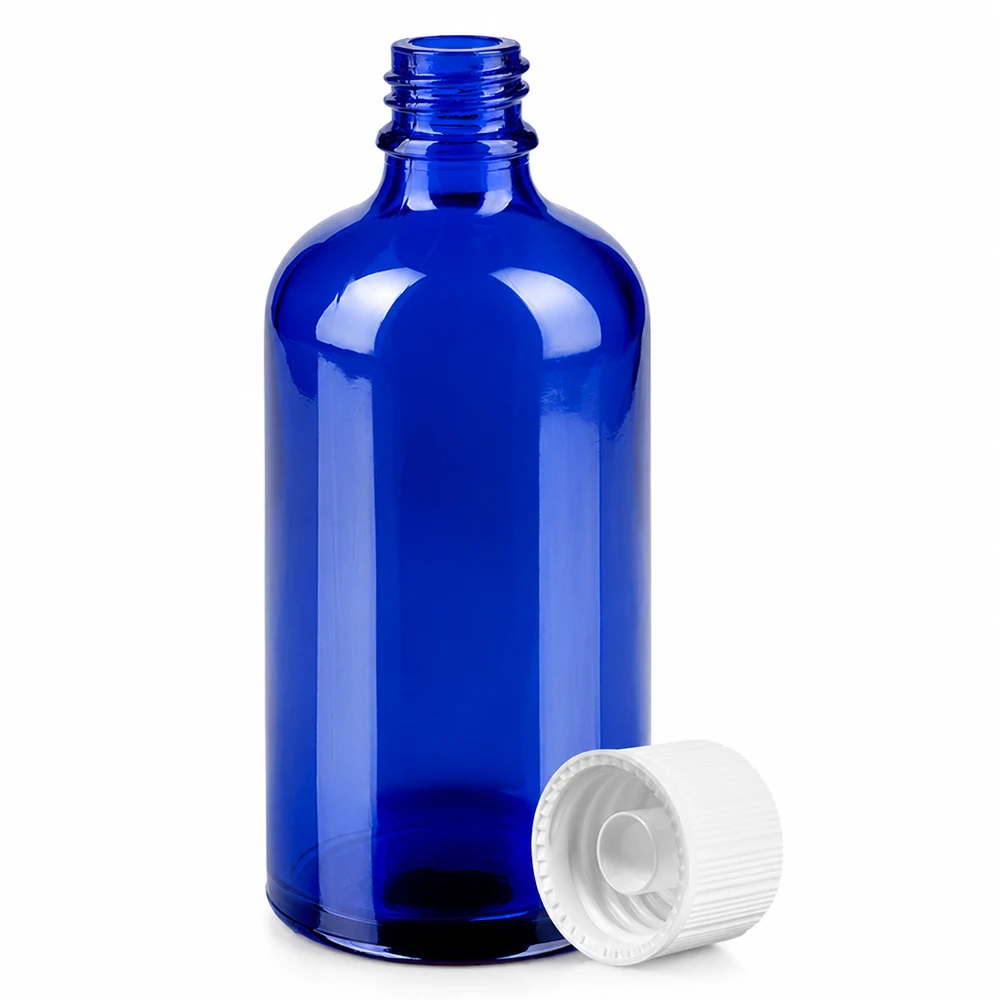 100 ml flaske 11 mm SV hvid STD BlueLine UT18/100 100 ml koboltblå apotekerflaske med 11 mm gevind og hvid hætte til præcis dosering