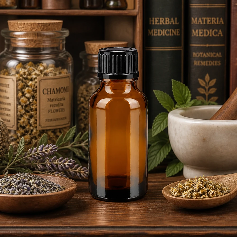 20 ml brun dråbeflaske af apotekerglas med sort låg blandt urter og lægeplanter