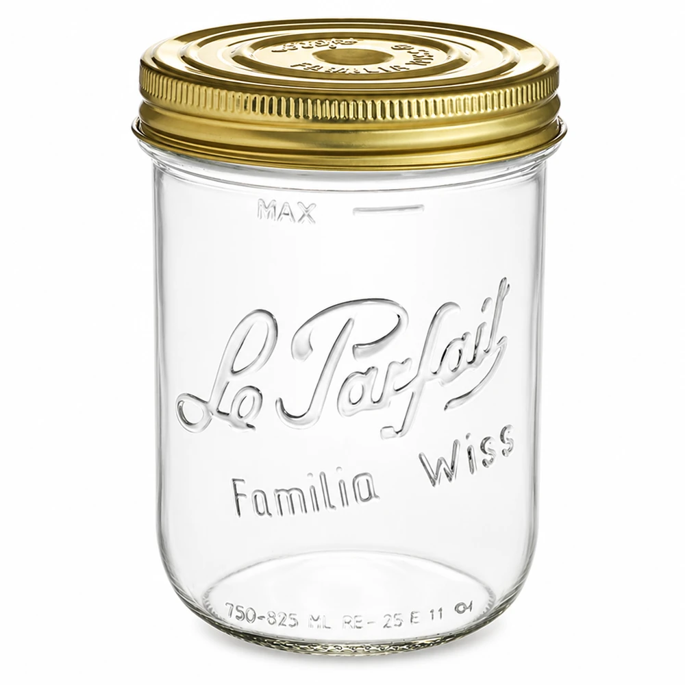 Le Parfait® Familia Wiss 1 kg Ø100 mm glas Familia Wiss 1020 ml murerbalje med guldskruelåg Le Parfait konserveringskrukke til konservering