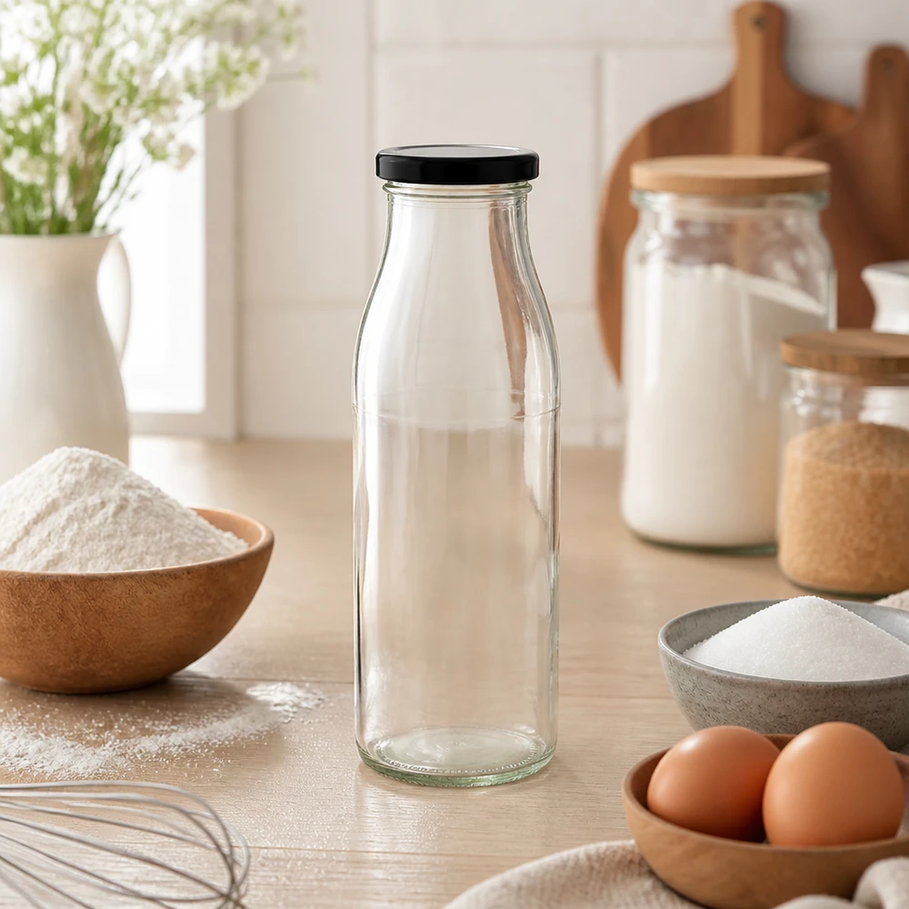 500 ml glasflaske + BasicSeal-låg sort UNiTWIST. Absolut lækagesikker med stort TO48-låg. Til mælk, juice og limonade. 500 ml glasflaske med sort låg i et naturligt køkkenmiljø med bageingredienser og træskåle