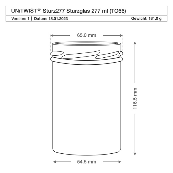 UNiTWIST Sturz277 - Briller med en kapacitet på 277 ml TO66 UNiTWIST Sturz277 bægre 277ml TO66 med teknisk tegning Dimensioner 65mm diameter 116,5mm højde Vægt 181g