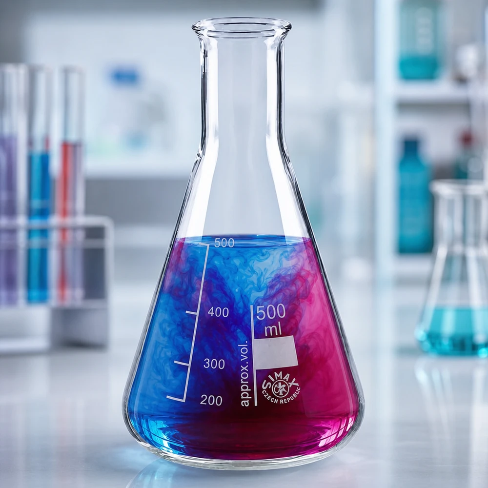 Erlenmeyer-kolbe 500 ml med smal hals Erlenmeyer-kolbe 500 ml med smal hals med blåviolet farveblanding i et professionelt laboratoriemiljø