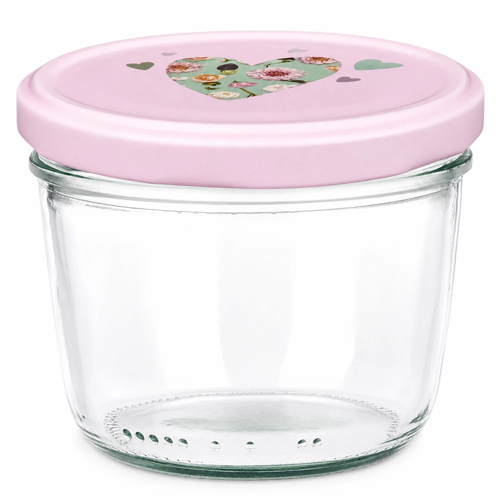 230 ml væltet glas + BasicSeal låg hjerte rosa UNiTWIST 230 ml murerbalje med pink BasicSeal-låg med hjertemotiv syltetøjsglas syltetøjsglas tom