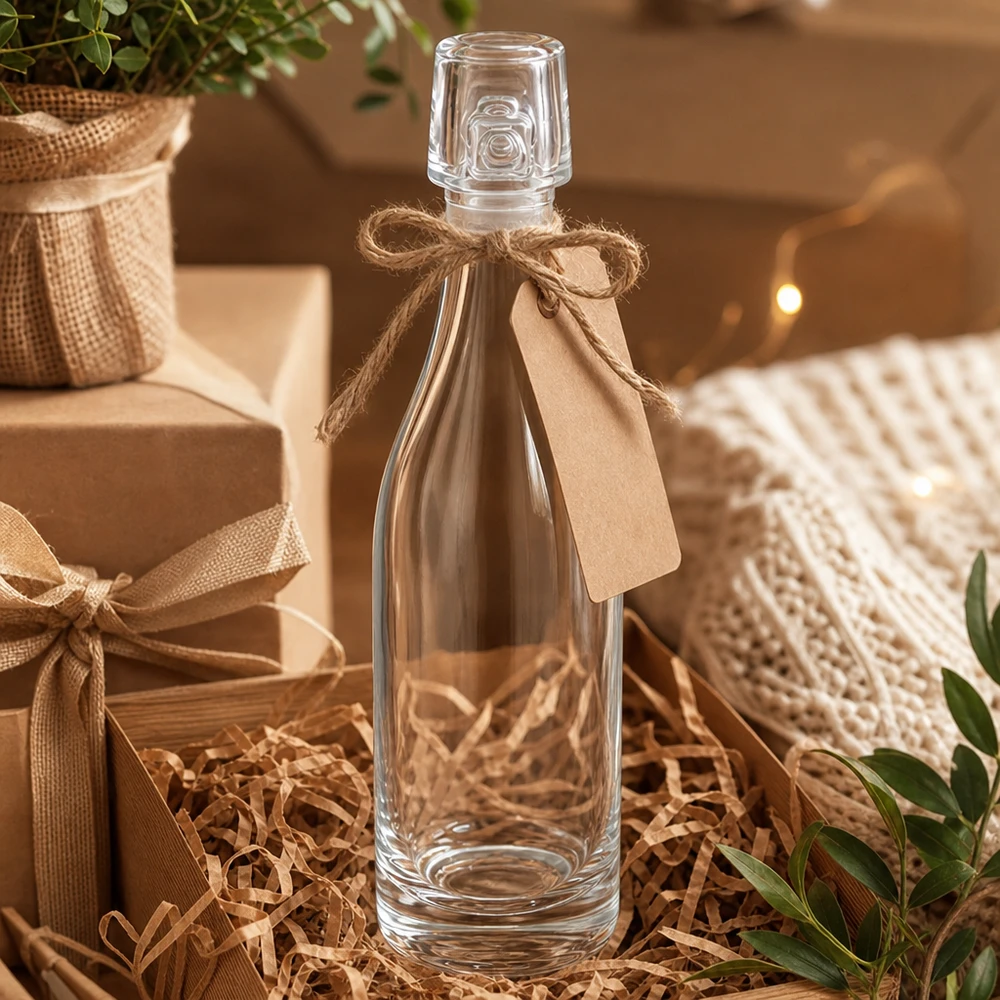50 ml glasflaske uden skruelåg UNiTWIST 50 ml glasflaske UNiTWIST-gaveæske med jutesnor og mærke i gaveæske med sugerør