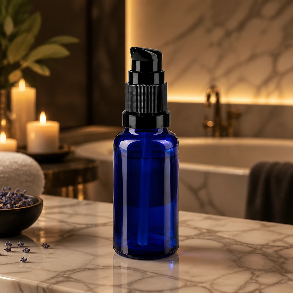 20 ml pumpeflaske af koboltblåt apotekerglas med sort pumpehoved på marmor