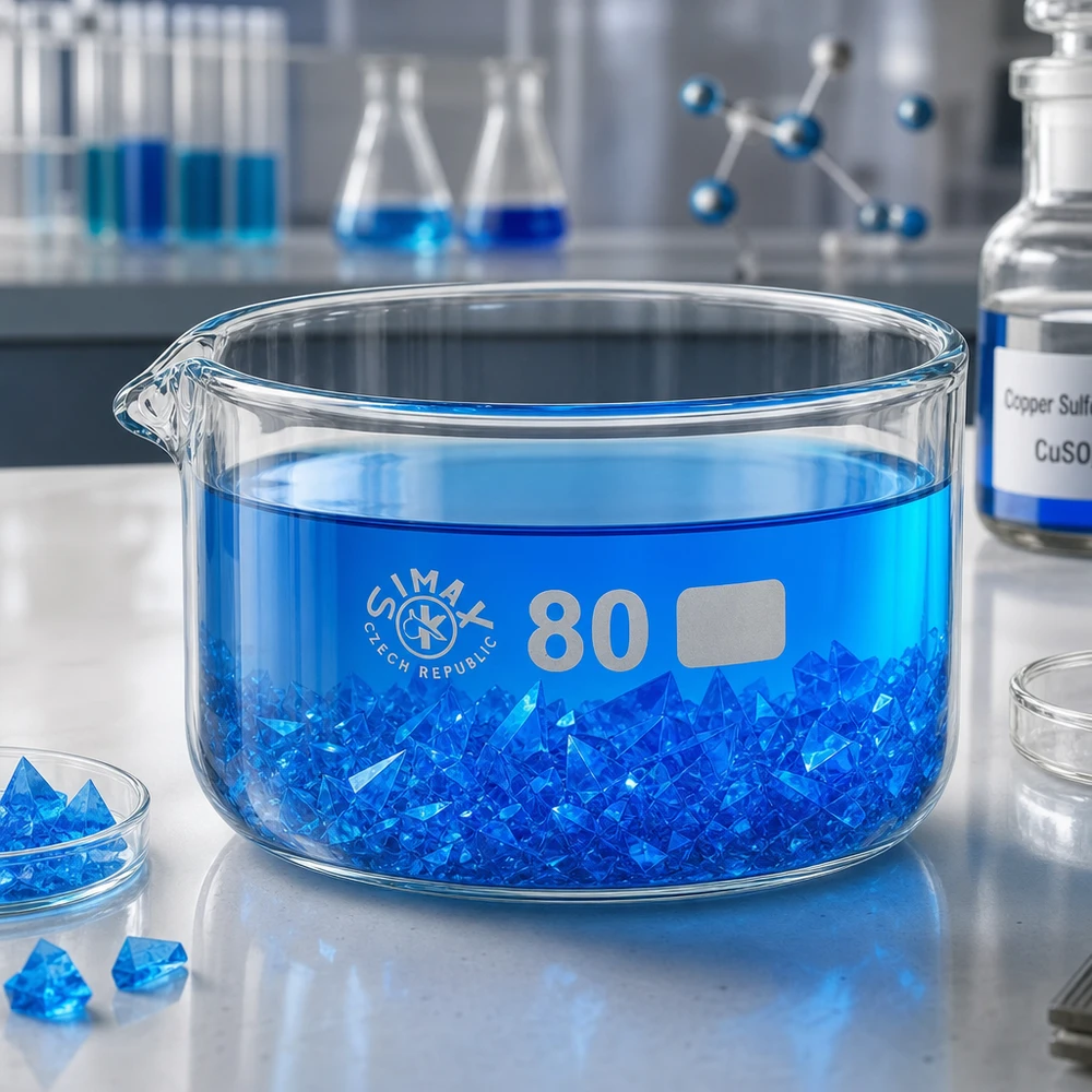 Krystalliseringsskål 150 ml med borosilikat-tud Krystalliseringsskål 150 ml med blå kobbersulfat (CuSO₄)-krystaller til laboratoriebrug, ø 80 mm
