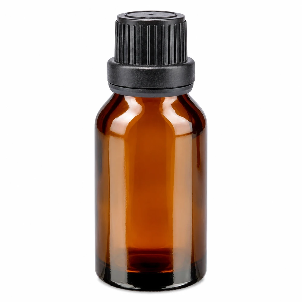 Apoteksflaske brun 15ml dryp v. Pr. 2mm sort OV Brun apoteksflaske på 15 ml med sort dråbepropp med 2 mm åbning, børnesikret