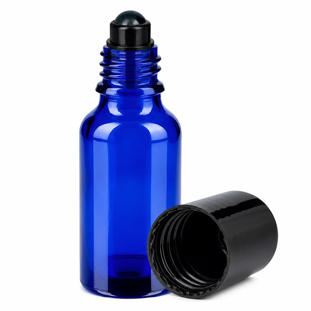 20 ml roll-on flaske sort STD BlueLine UT18/20 Roll-on-glasflaske 20 ml i blå med sort kuglehætte til præcis påføring