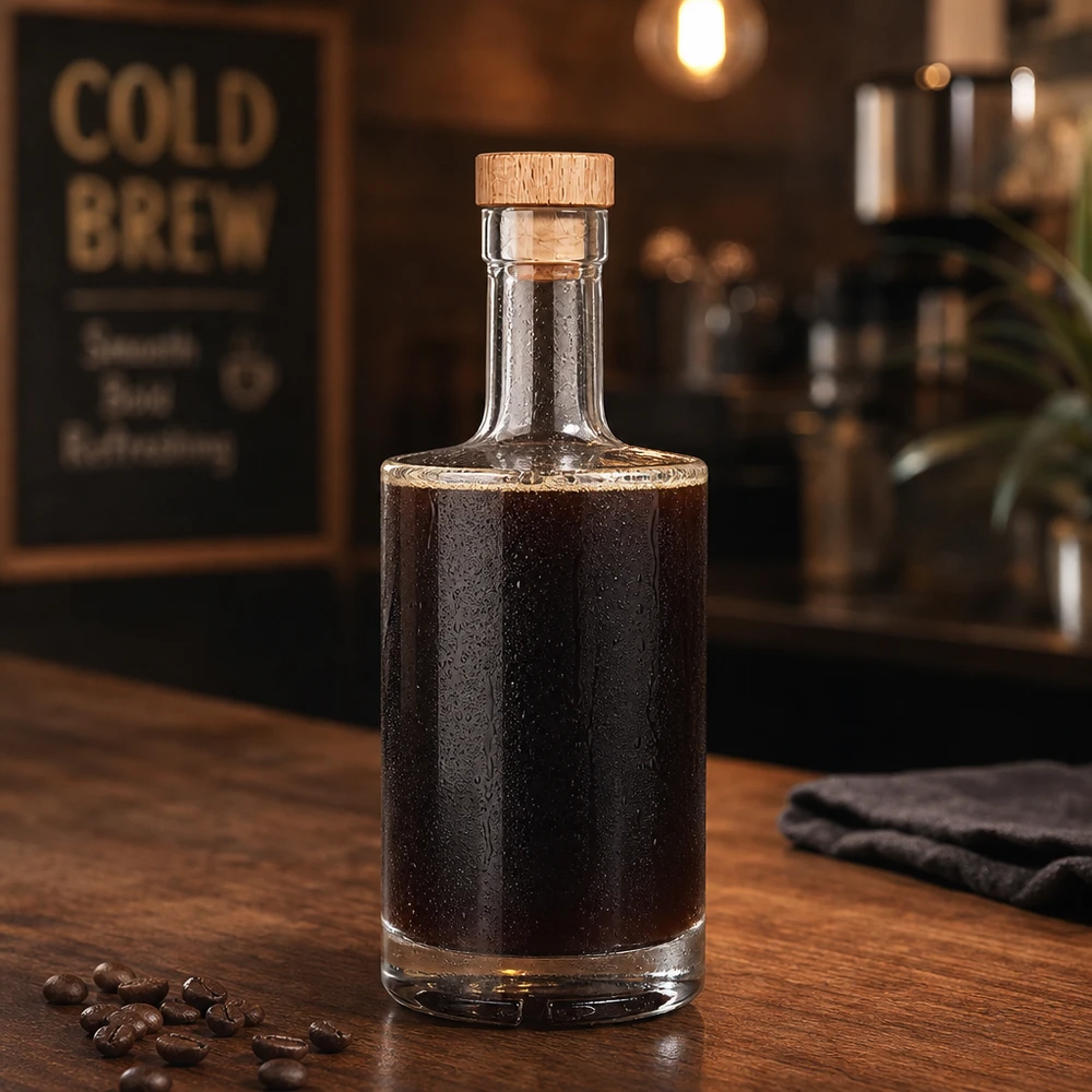 500 ml glasflaske »Nora« med træhåndtag og prop UNiTWIST® 500 ml glasflaske Nora fyldt med koldbrygget kaffe træprop UNiTWIST kaffebønner baristastemning rustik