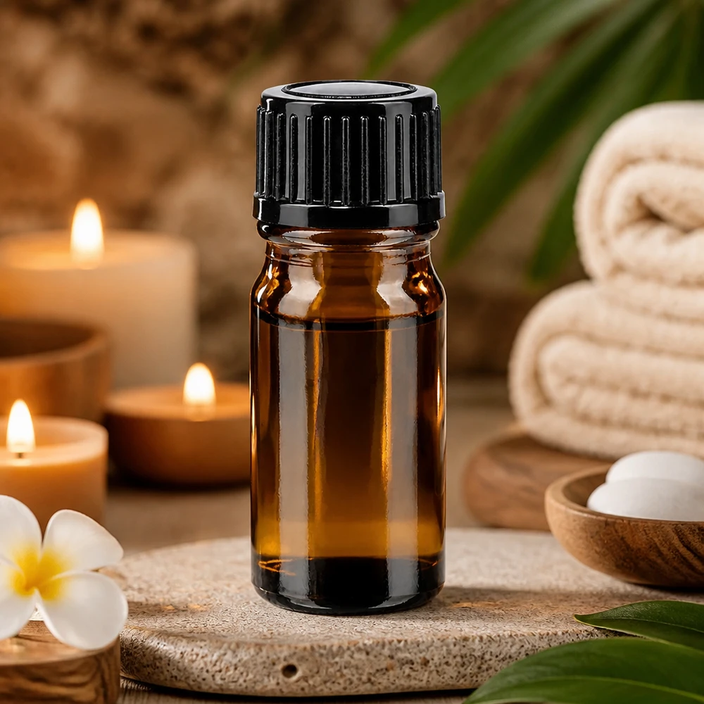 Brun 5 ml glasflaske med sort skruelåg på natursten med plumeria og stearinlys
