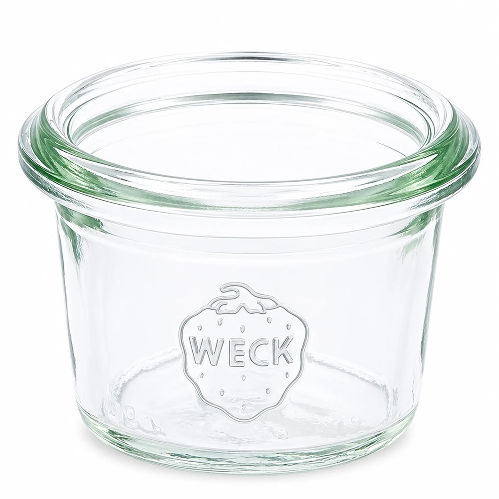 35 ml WECK RR40-glas med skrå kant WECK 35 ml RR40 murerbalje i klart glas med præget logo til konservering og opbevaring