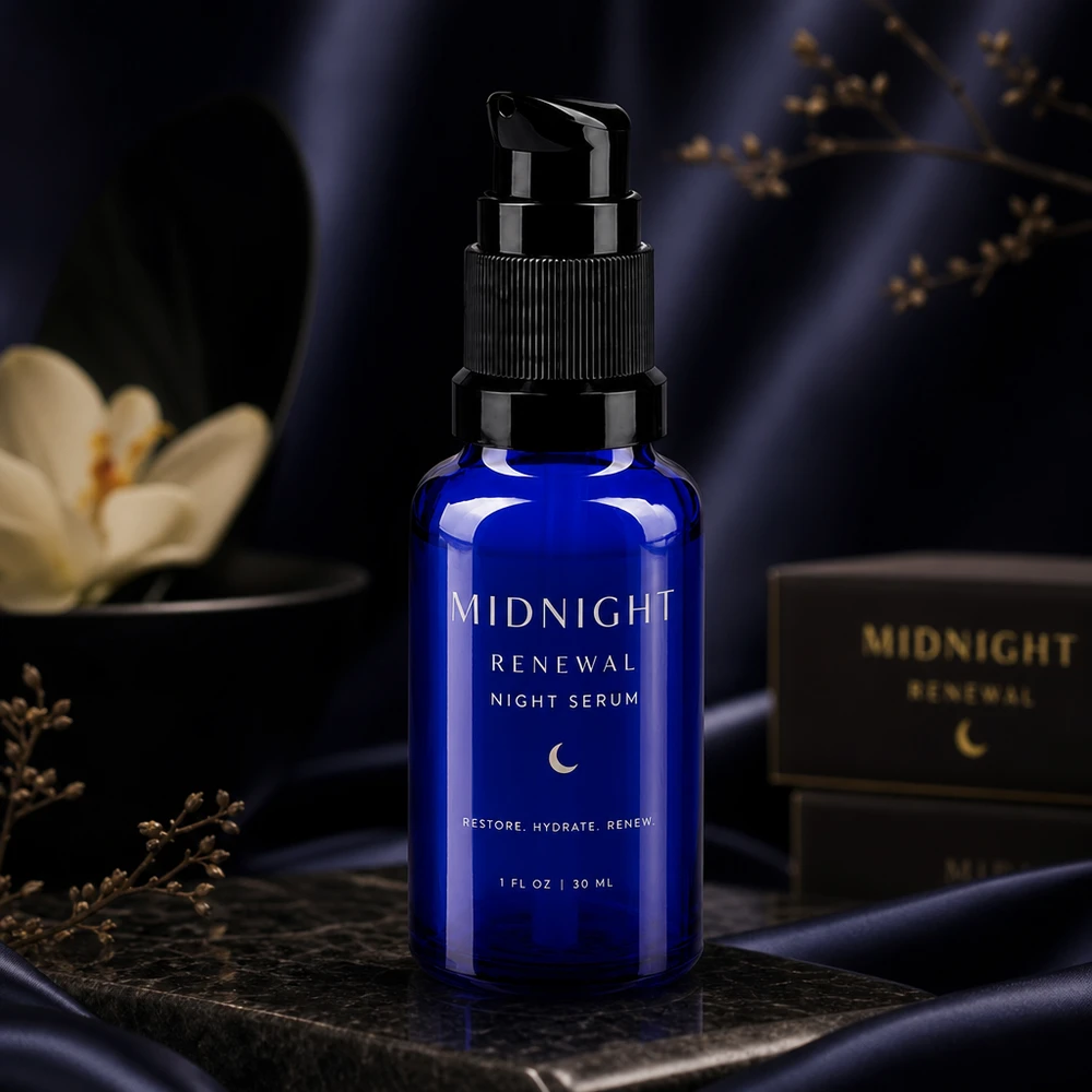 Kongelig blå 20 ml glasflaske med sort pumpedispenser på mørk marmor med silkeforing