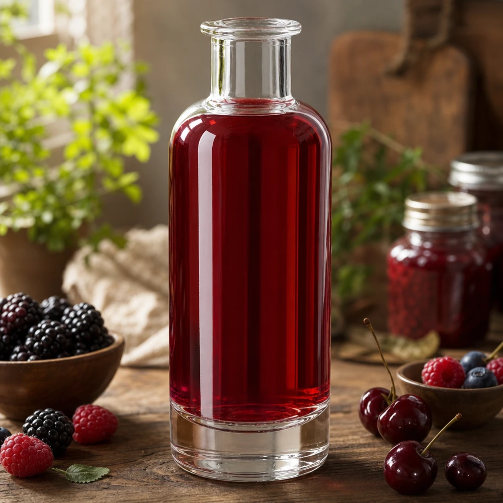 200 ml glasflaske »Ella« uden låg UNiTWIST® 200 ml glasflaske med Ella fyldt med rød bærsaft omgivet af friske bær viser naturlig anvendelse