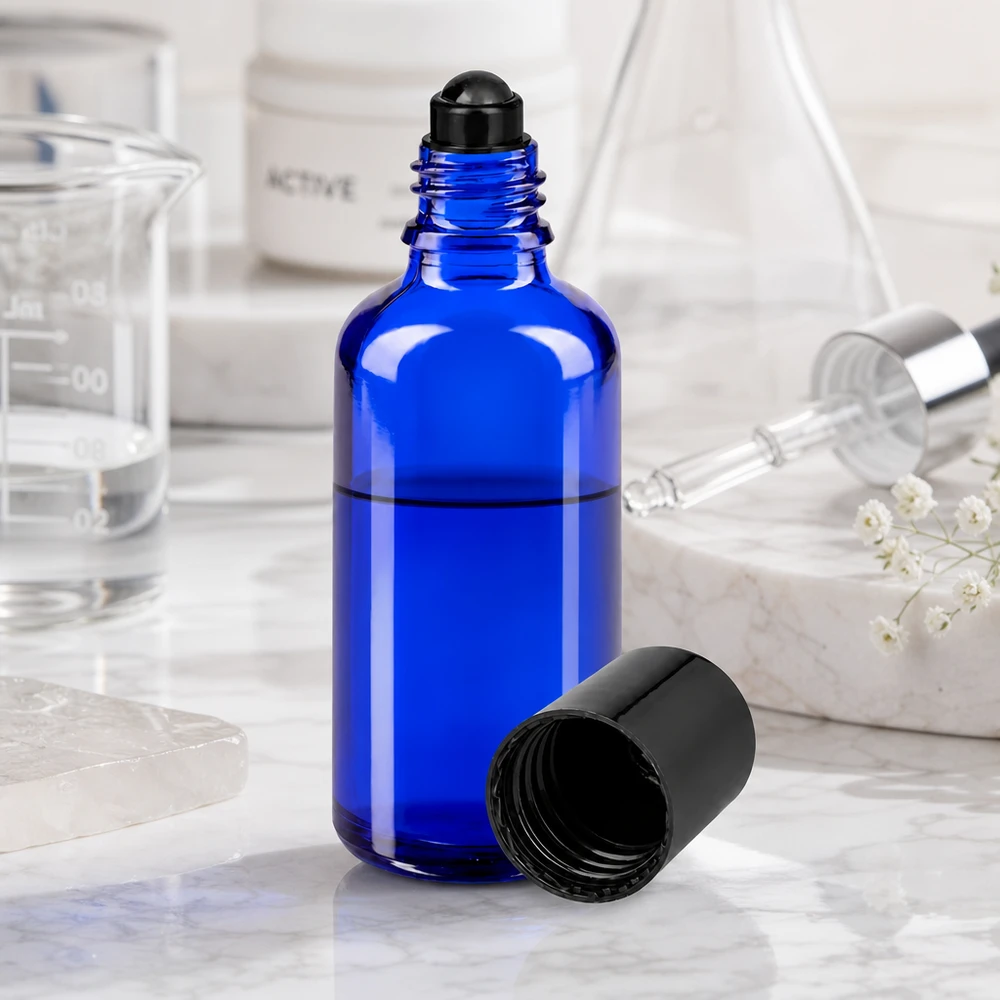 50 ml roll-on-flaske i koboltblå med sort skruelåg ved siden af et bægerglas og en pipette
