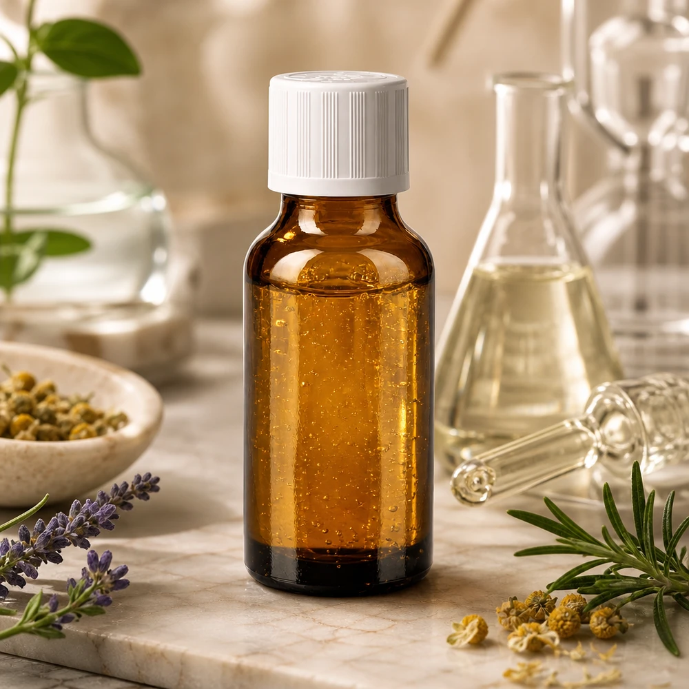 Apoteksflaske brun 20 ml skruelåg hvid KiSi St Apotekerflaske, 20 ml, brunt glas, UV-beskyttelse, hvid børnesikring ved siden af rosmarin og kamilleblomster