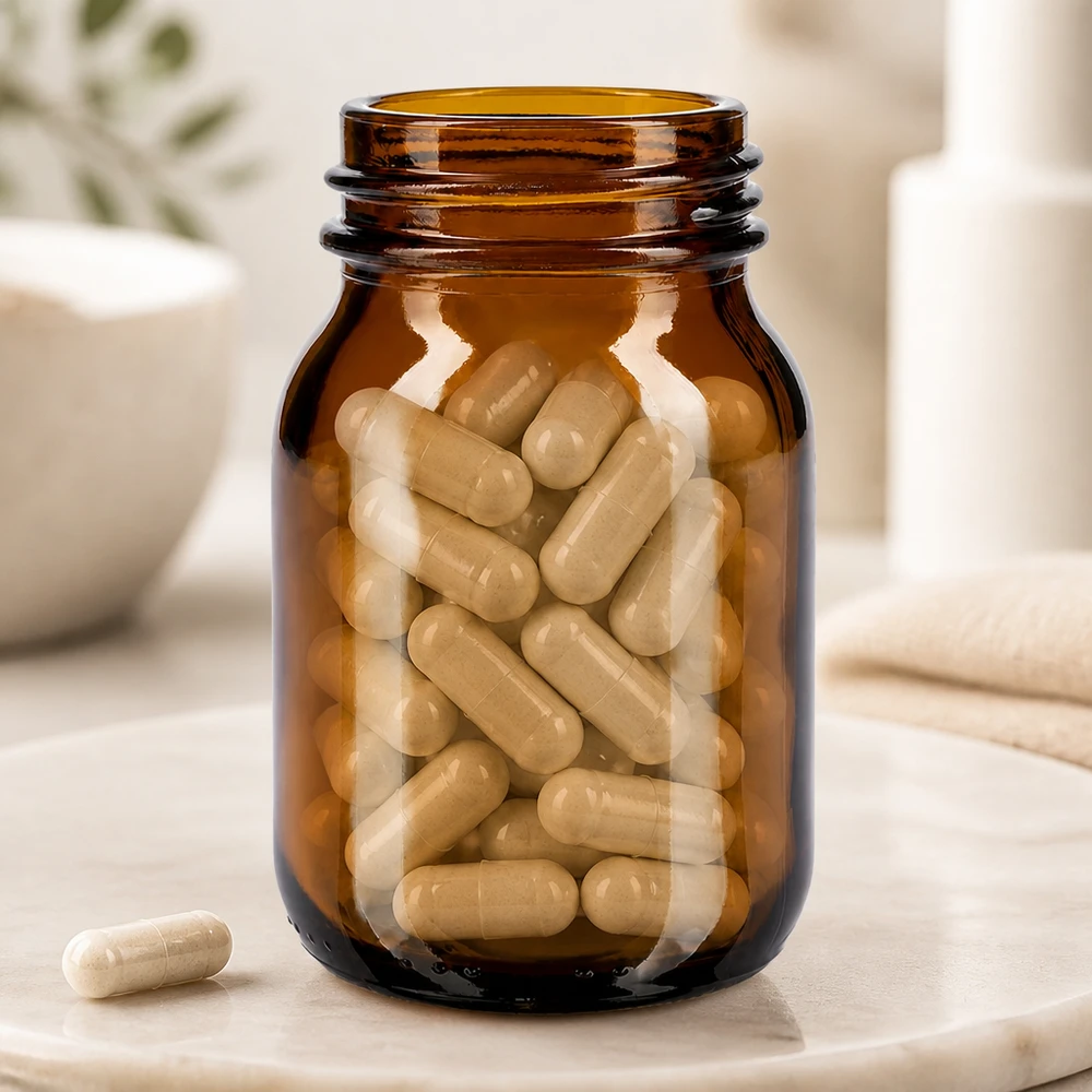 75 ml flaske med bred hals i ravfarvet glas med DIN 40-halsfinish Kompakt 75 ml bredhalset flaske af ravfarvet glas med praktisk DIN 40-åbning til kosttilskud