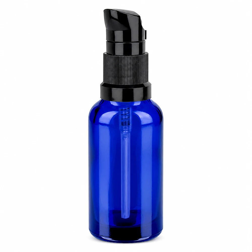 30 ml pumpeflaske sort STD BlueLine UT18/30 30 ml pumpeflaske i elegant blå med sort pumpedispenser til serum og kosmetik