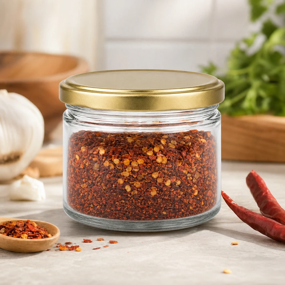 700 g honningglas med gyldent låg BasicSeal UNiTWIST 700 g BasicSeal honningglas med gyldent låg fyldt med chilikrydderiblanding sammen med tørrede chilipeber