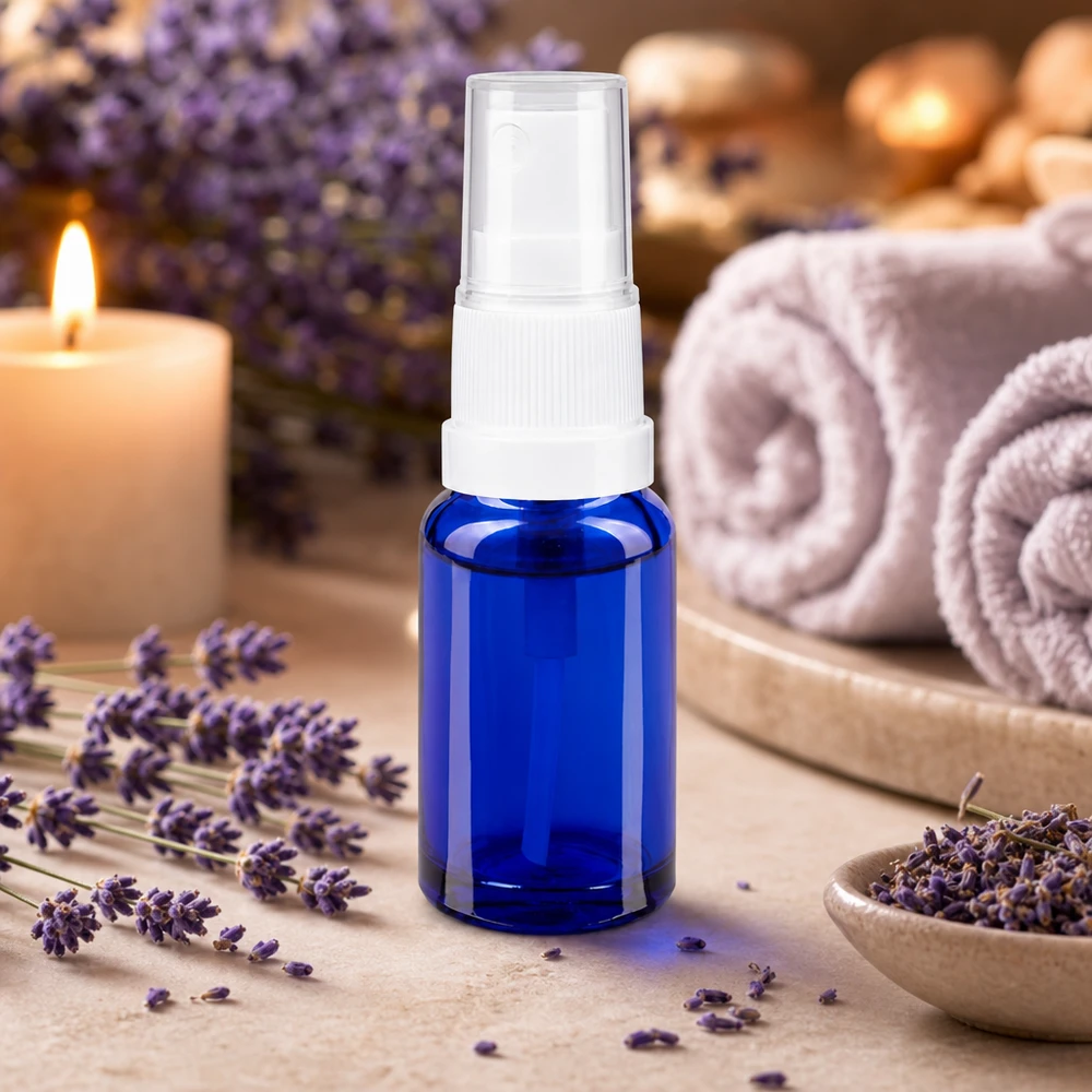 10 ml sprøjteflaske af blåt apotekerglas med hvid forstøver blandt lavendelblomster og spa-tilbehør