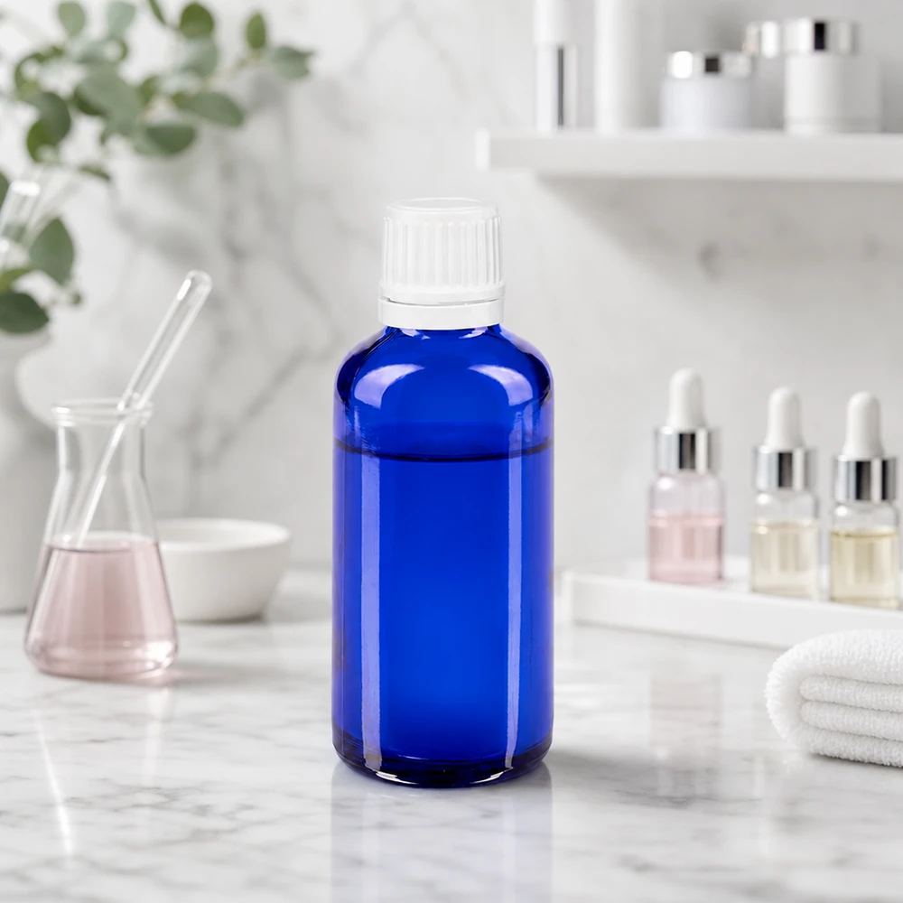 Apoteksflaske blå 50 ml skruelåg hvid OV Blå 50 ml glasflaske med hvid børnesikret lukning foran en lys marmorbaggrund