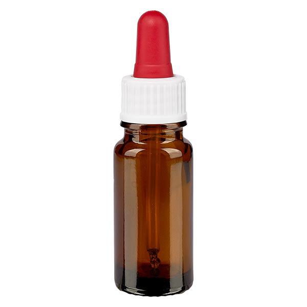 Apoteksflaske brun 10 ml pipette hvid/rød stk. Apoteksflaske brun 10 ml pipette hvid/rød stk.