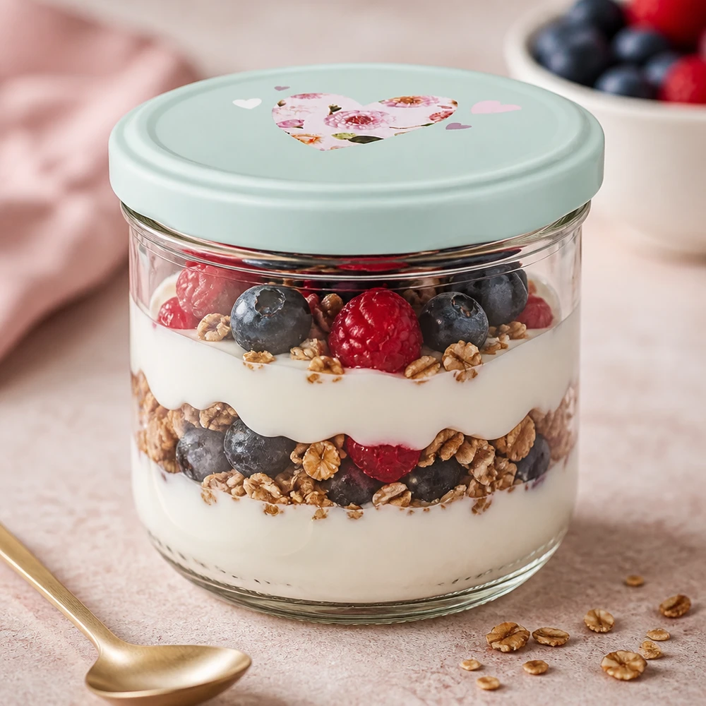 260 ml glas med skrå kant + BasicSeal låg, hjerteformet, mint UNiTWIST 260ml Sturzglas mit Joghurt-Beeren-Parfait befüllt, BasicSeal Deckel mint mit Herz, Dessertglas für Schichtdesserts