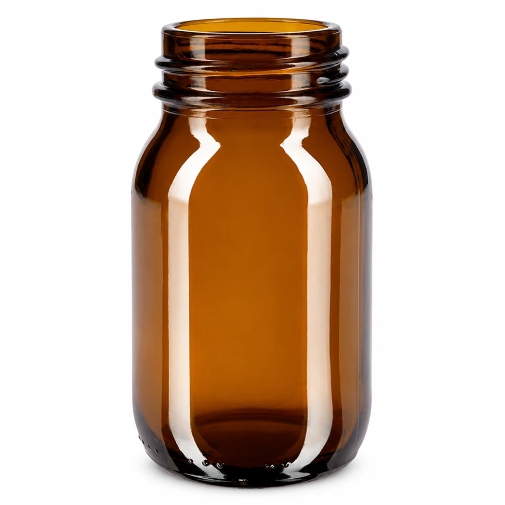 100 ml flaske med bred hals i ravfarvet glas 100 ml flaske med bred hals lavet af ravfarvet glas til kosmetik og lægemidler