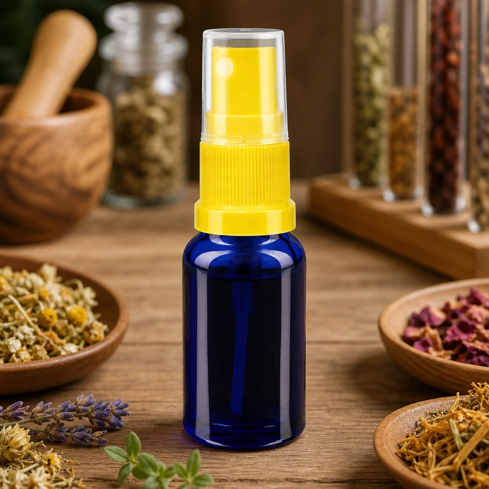 Blå 10 ml apotekerflaske med gul sprøjtemekanisme omgivet af tørrede lægeurter