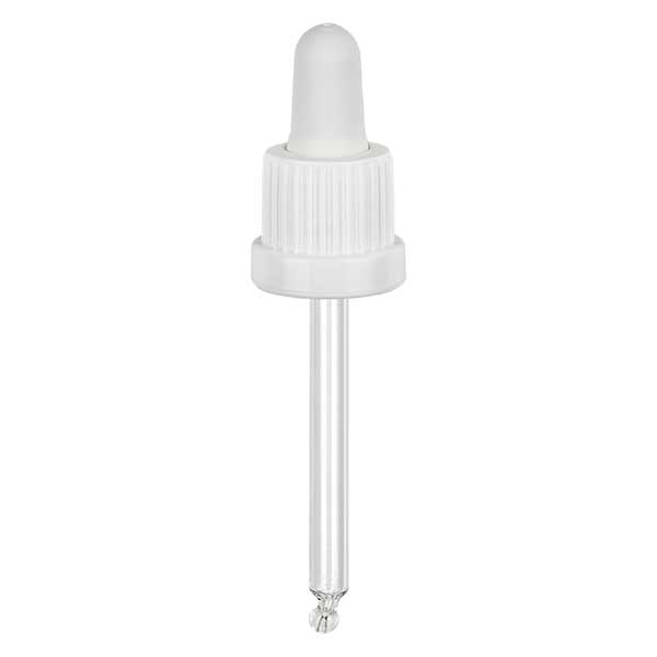 Pipettehætte hvid DIN18, 66 mm pipettelængde med tamper-evident ring. Alkoholtæt. Til ApoGlas® 20 ml brun(+++), blå(+++) med 18 mm gevind.