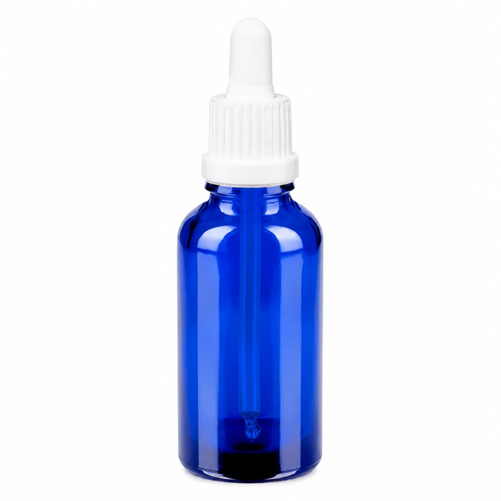 30 ml blå pipetteflaske med hvid dråbehætte OV BlueLine UT18 DIN18-gevind