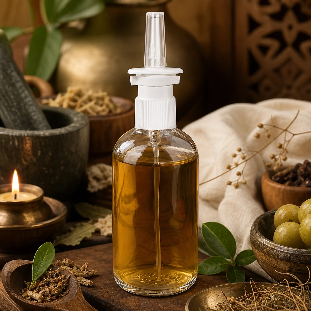 100 ml næsesprayflaske m./tr. STD ClearLine UT18/100 Gennemsigtig 100 ml næsesprayflaske fra ClearLine med urter, oliven og stearinlys i ayurvedisk stil