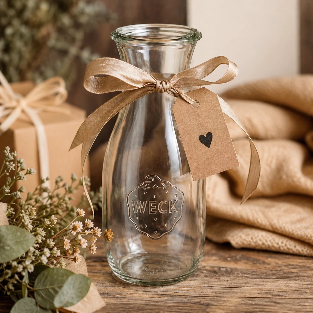 530 ml saftflaske WECK RR60 WECK glasflaske 530ml RR60 dekorativ med brun sløjfe og gavemærke på træbord med blomster