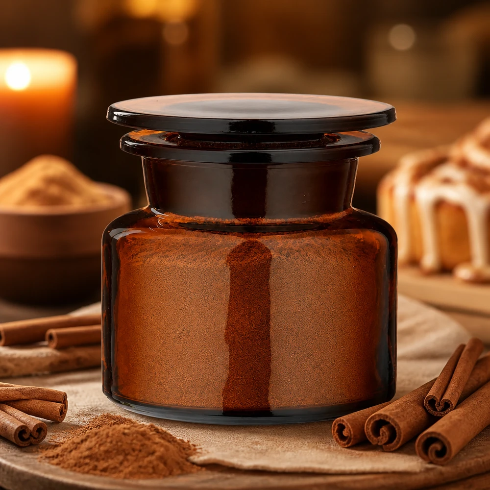Idé til krydderiglas: apotekerflaske 50 ml med bred hals i ravfarvet glas Apotekerflaske på 50 ml af brunt glas, fyldt med kanelpulver og omgivet af kanelstænger på linnedstof