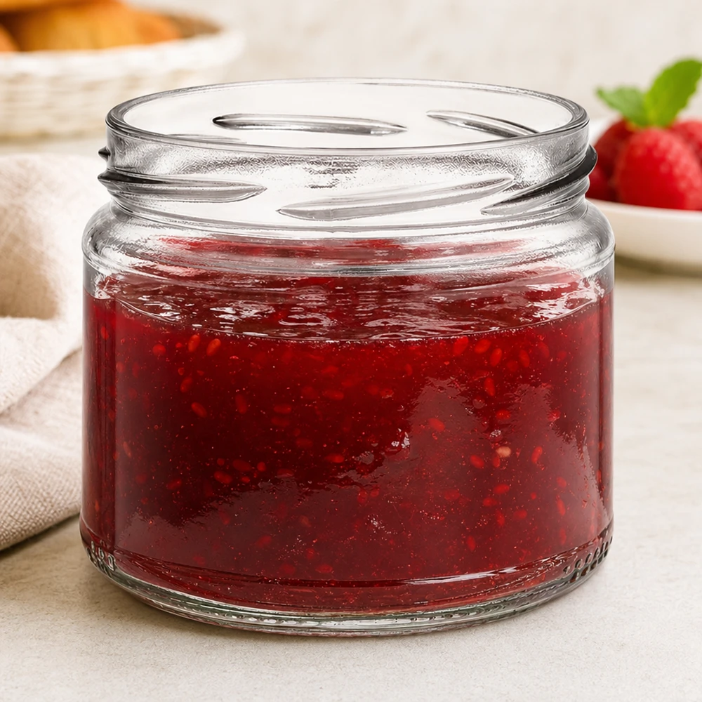 UNiTWIST Runda330 - Rundt glas med en kapacitet på 330 ml TO82 UNiTWIST Runda330 rund krukke fyldt med rød marmelade Jordbærmarmelade i baggrunden Morgenbord