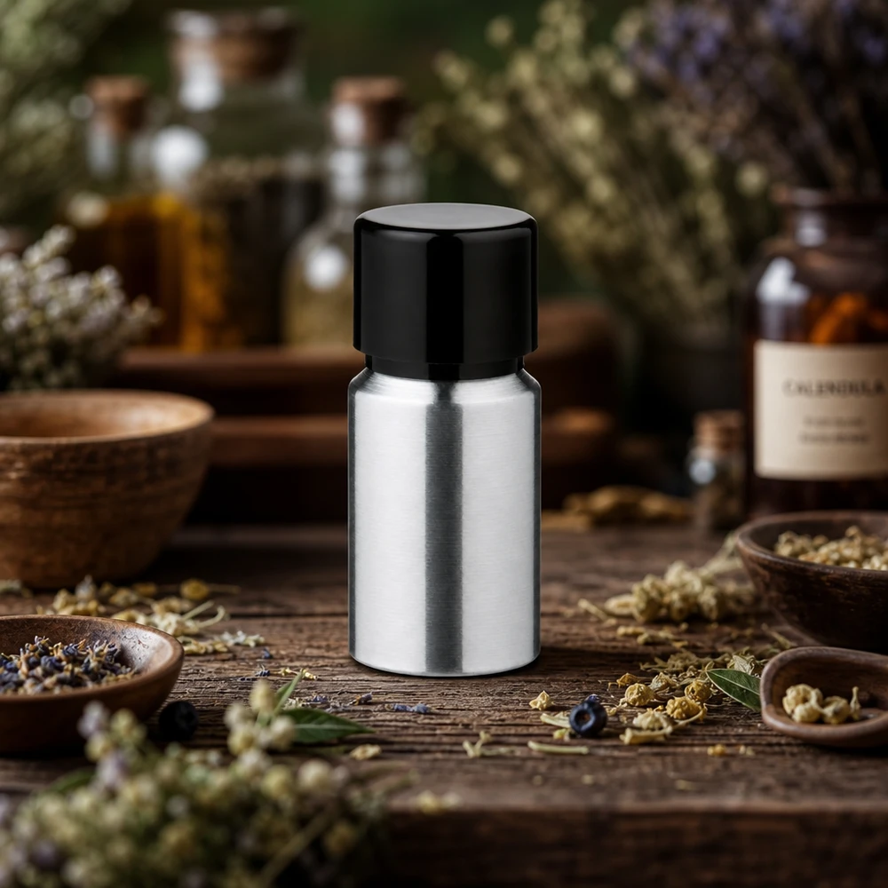 10 ml flaske i poleret aluminium med skruelåg 10 ml aluminiumsflaske af høj kvalitet med børstet metaloverflade og sikkert skruelåg
