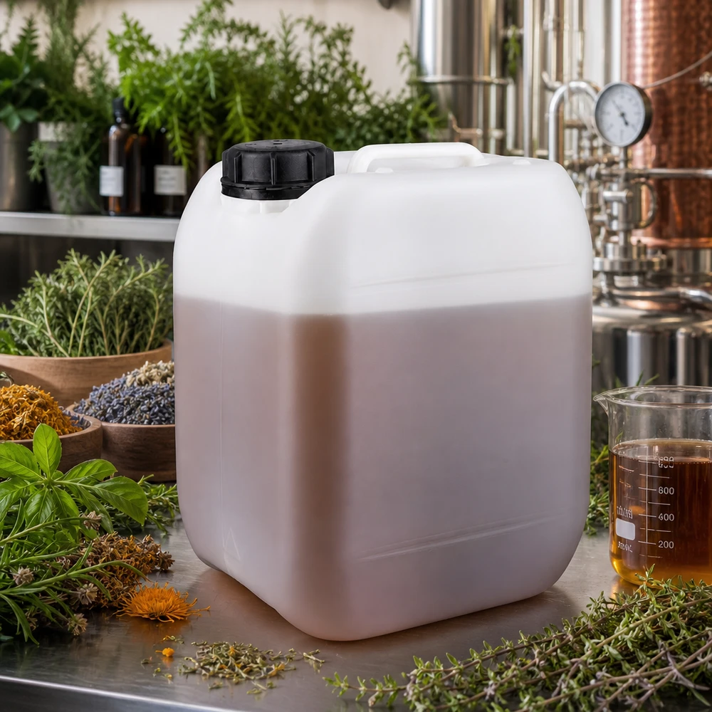 Hvid plastdunk på 5 liter med urter og et destillationsanlæg i baggrunden