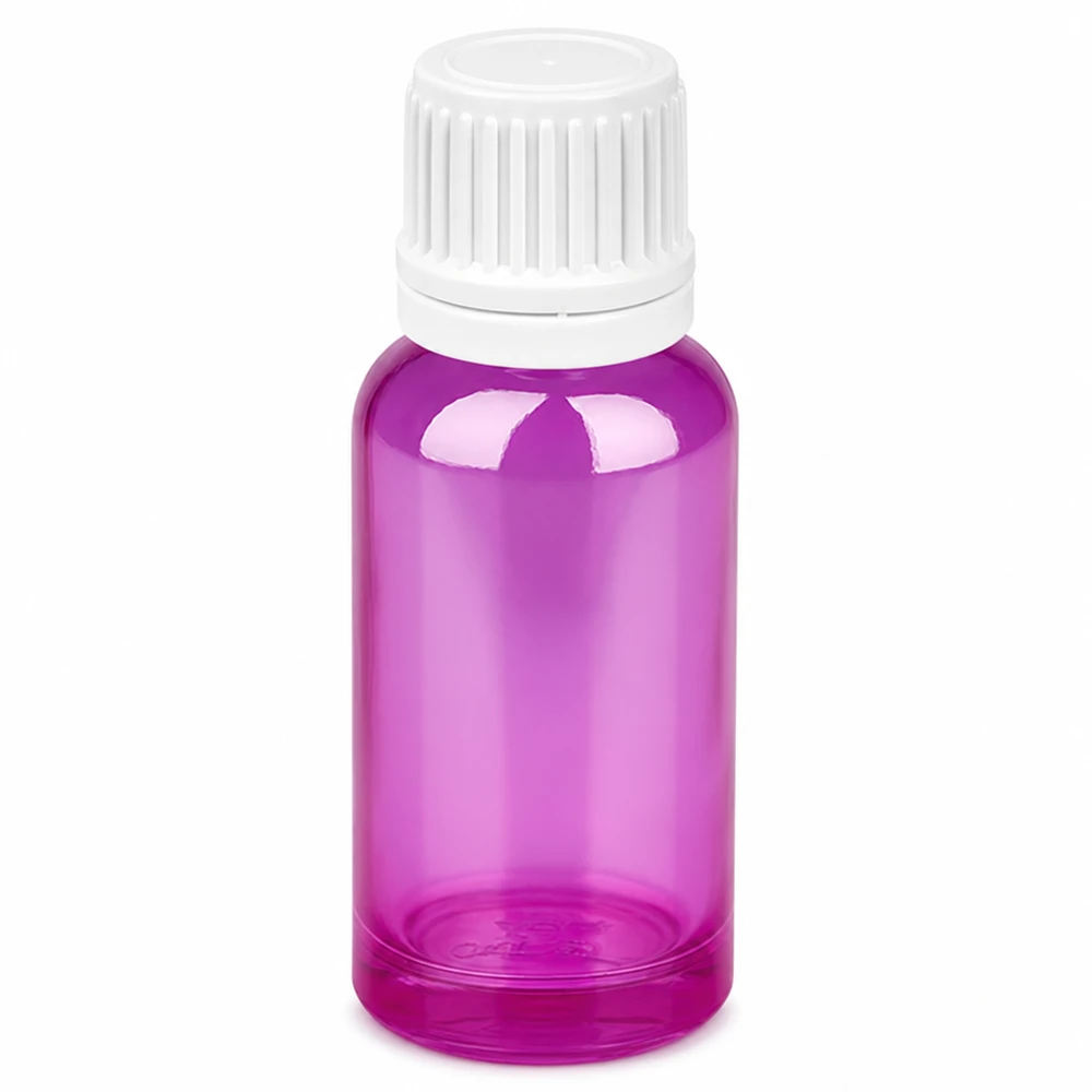 20 ml dråbeflaske 0,7 mm hvid Originality skruelåg PurpleLine UT18/20 20 ml dråbeflaske lilla transparent med hvidt skruelåg 0,7 mm åbning