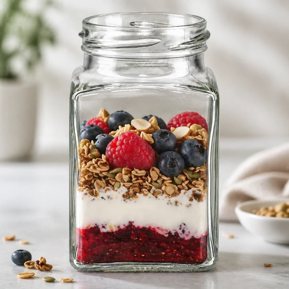 UNiTWIST Tetra260 - 4-hjørnebeholder med en kapacitet på 260 ml TO58 UNiTWIST Tetra260 4-hjørneglas 260 ml TO58 med müsli, bær og yoghurt som dessert i et glas på køkkenbordet