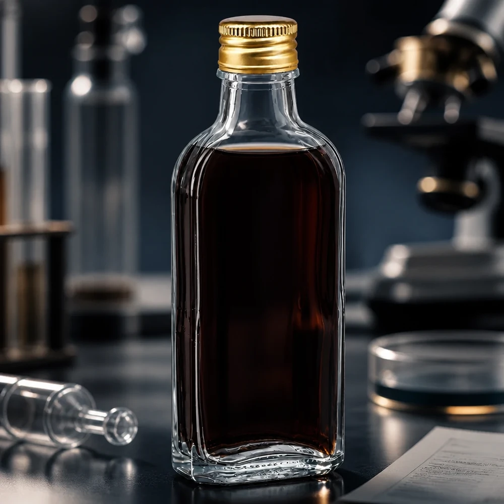 Fyldt 100 ml Meplat-glasflaske, klar, med gylden skruelåg af aluminium (PP22) i et videnskabeligt laboratorium