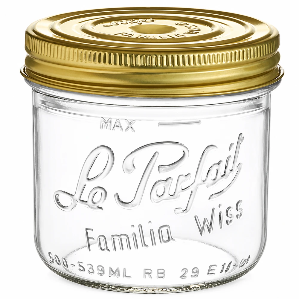Le Parfait® Familia Wiss 500 g Ø100 mm glas 539 ml Familia Wiss-krukke med guldskruelåg Le Parfait-krukke til konservering