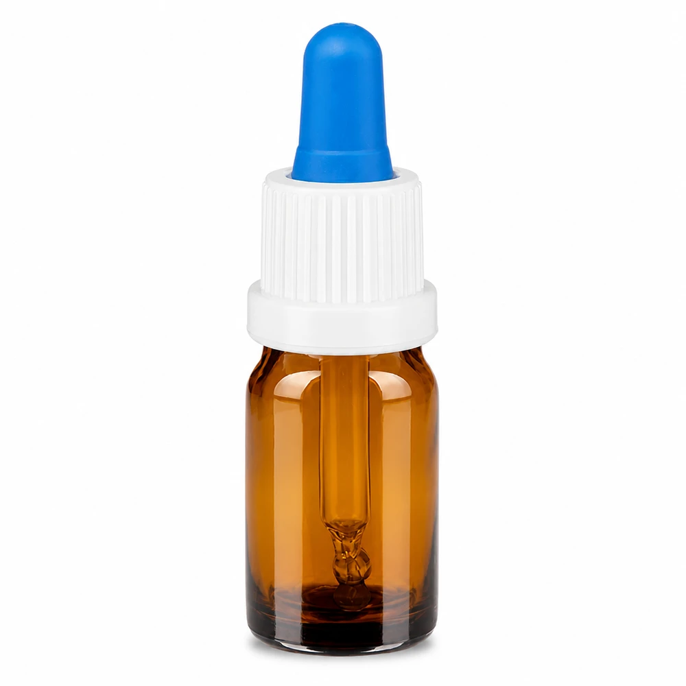 5 ml pipetteflaske hvid/blå OV BrownLine UT18/5 5 ml pipetteflaske af ravfarvet glas med hvid hætte og blå pipette til præcis dosering
