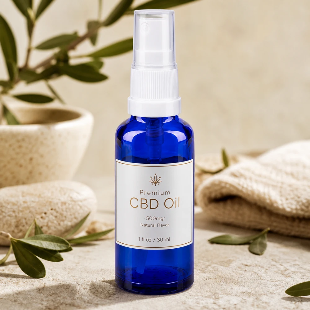 Apotekerflaske blå 10 ml spraytilbehør sort Blåt apotekerglas på 10 ml med pumpespray til CBD-olie 500 mg, naturlig smag, 30 ml